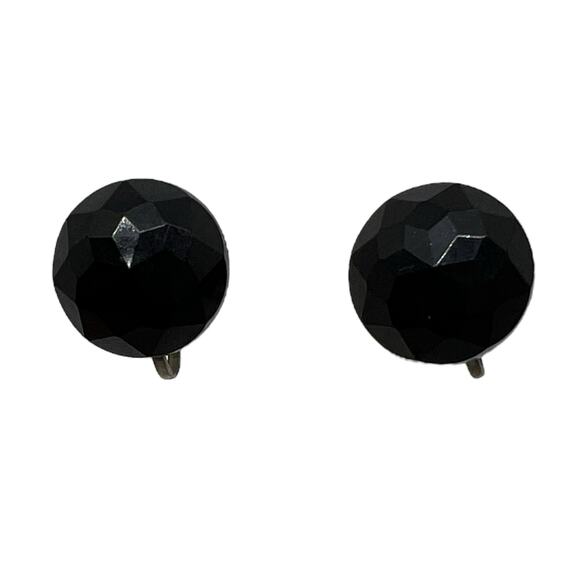 Vintage Black Faceted Glass Button Earrings Screw Back Silver Tone Mid Century - Picture 2 of 11